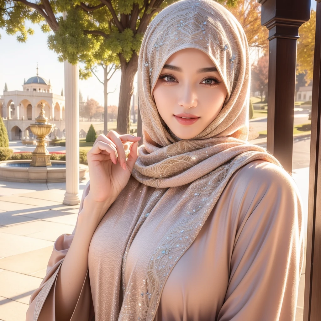 beautiful young woman, 1girl, majestic hijab outfit, detailed face, alluring eyes, full lips, outdoor setting, selfie, soft lighting, warm colors, best quality, 4k, 8k, highres, masterpiece, ultra-detailed, realistic, photorealistic, photo-realistic, cinematic, beautiful detailed eyes, beautiful detailed lips, extremely detailed face and eyes, long eyelashes, intricate clothing textures, elegant posing, warm smile, romantic atmosphere