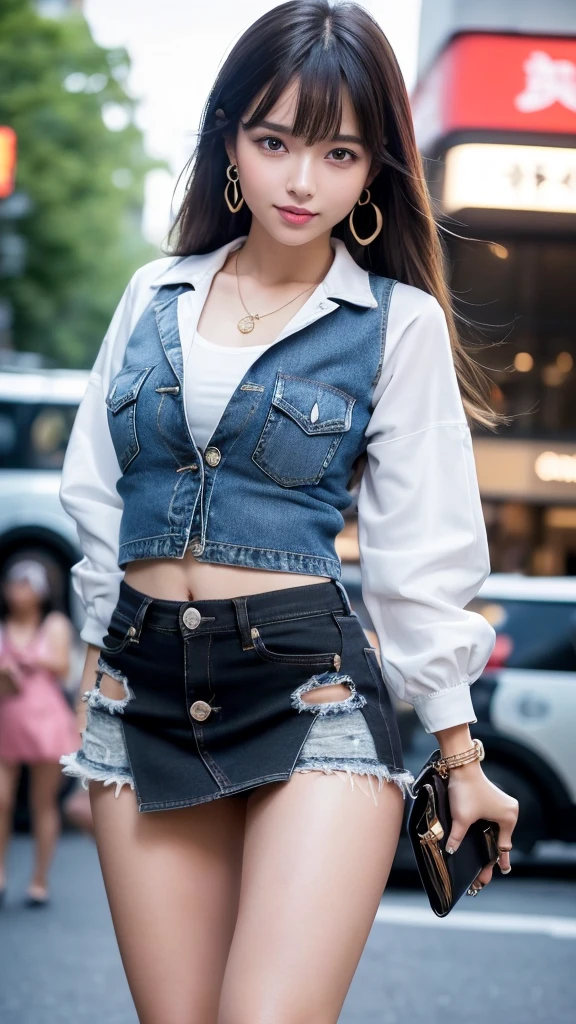 Product quality,1 girl,((Shooting from below:1.4)),((Thigh Emphasis:1.4)),Young and cute Japanese, 20-year-old,smile,fun,Harajuku,(Crowded street:1.2),((White stylish blouse,Belly button:1.3)),((Stylish blazer:1.3)),((Fashionable bags:1.3)),((Fashionable necklace 1.3)),((Stylish earrings:1.3)),((Ultra short micro mini skirt in black denim fabric:1.5)),((No pants:1.5)),Very cute face,Glossy Lips,Beautiful big eyes,Brown eyes,Double eyelids on both eyes,(Natural Makeup),shiny smooth light brown long hair,,,Asymmetrical bangs,Floating Hair NovaFrog Style,Center image,8k resolution,Attention to detail,Detailed hairstyle,Detailed face,Cinema Lighting,Octane Rendering,Ultra-realistic,Perfect limbs,Beautiful legs,Voluptuous thighs,Huge breasts,Perfect Anatomy,Spread your legs,((Provocative dynamic pose:1.5))
