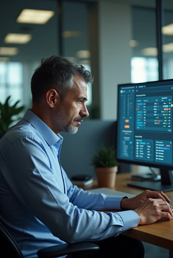A Brazilian man in the office investing money on the computer screen