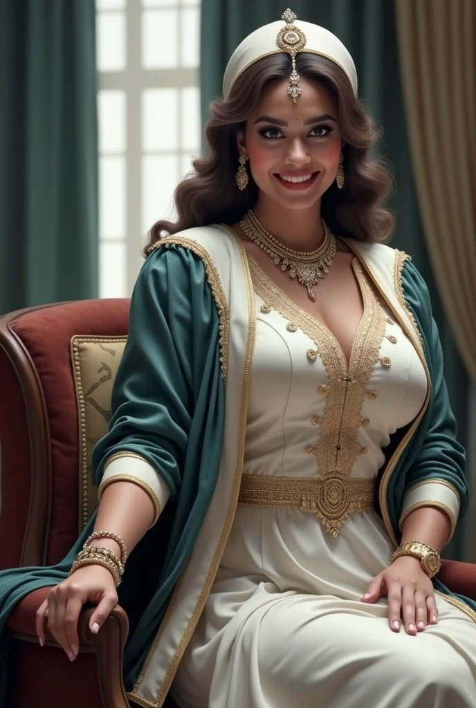 6 ft big breasted average beautiful sri lanakan wealthy age 25 girl in maharani dress. Wearing Academic regalia.well educated.sit in chair with big breasts, big butt.