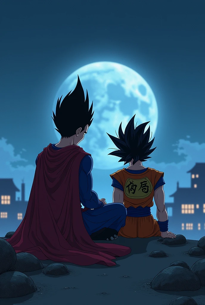 Beautiful young prince Vegeta, turning his back so that only his wrinkled crimson cape and his jet black hair in the shape of a flame can be seen, sitting on the roof of the palace, Goku sits next to him with his back turned, a warrior in his battle suit and messy hair, It was night, soft lunar lighting, background images, You could see buildings and houses on the planet in the distance., intricate details, cold colors.