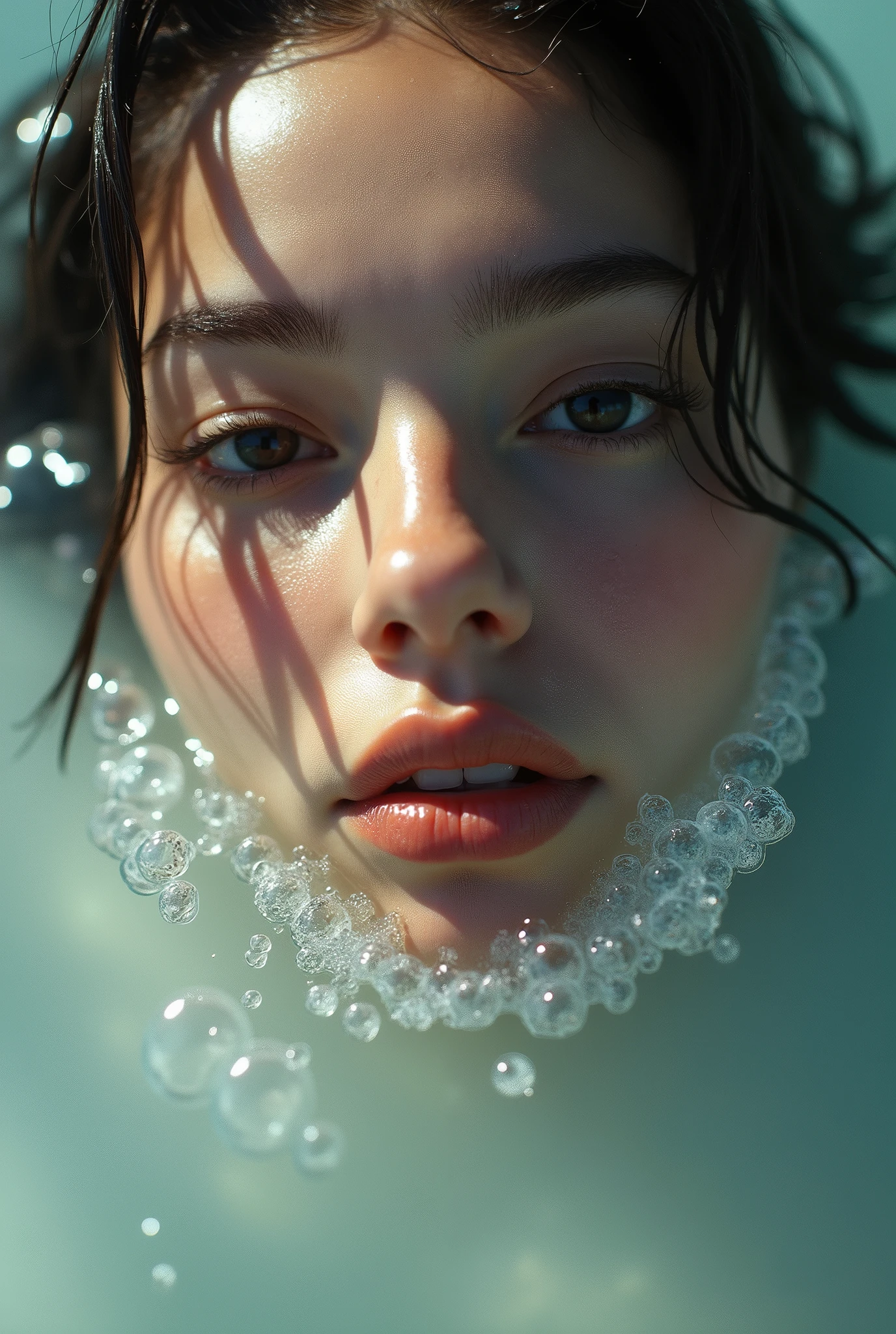  The image features a close-up view of a woman's face, which is partially submerged in water, with bubbles around her mouth add depth and dimension to the magnificent portrait, It is a masterpiece of conceptual photography the composition is very careful, the sunlight adds naturalness And realism, it is a professional photograph of the best quality in 8k, The portrait is perfectly detailed without errors or deformations with excessively realistic textures and intense but not saturated colors with a slight nostalgic vintage filter from the 80s