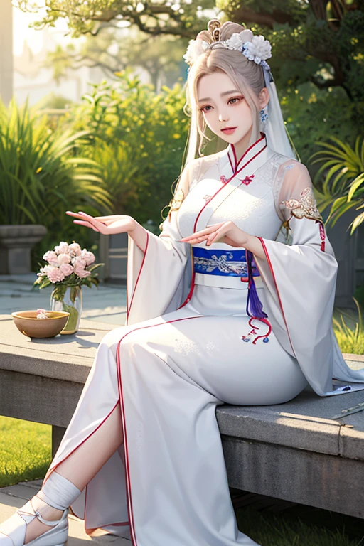 A woman in a white dress is sitting on the floor，White Hanfu，palace，Girl wearing Hanfu，Hanfu，Dressed in ancient Chinese costumes，Gurwitz，Ethereal Beauty，Guttweiz-style artwork，Beautiful fantasy queen，Chinese traditional clothing，Chinese clothing，Chinese traditional，Light milky white porcelain skin，Ordinary girl&#39;s bare feet and hands，Show your butt