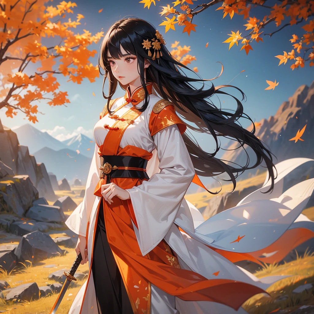 a beautiful woman black-haired male general holding a large sword in white ancient Chinese general costume, walking In the middle of a spring mountain ,the backdrop is a mountain that turns orange-red in spring, and maple leaves fall from the trees.
