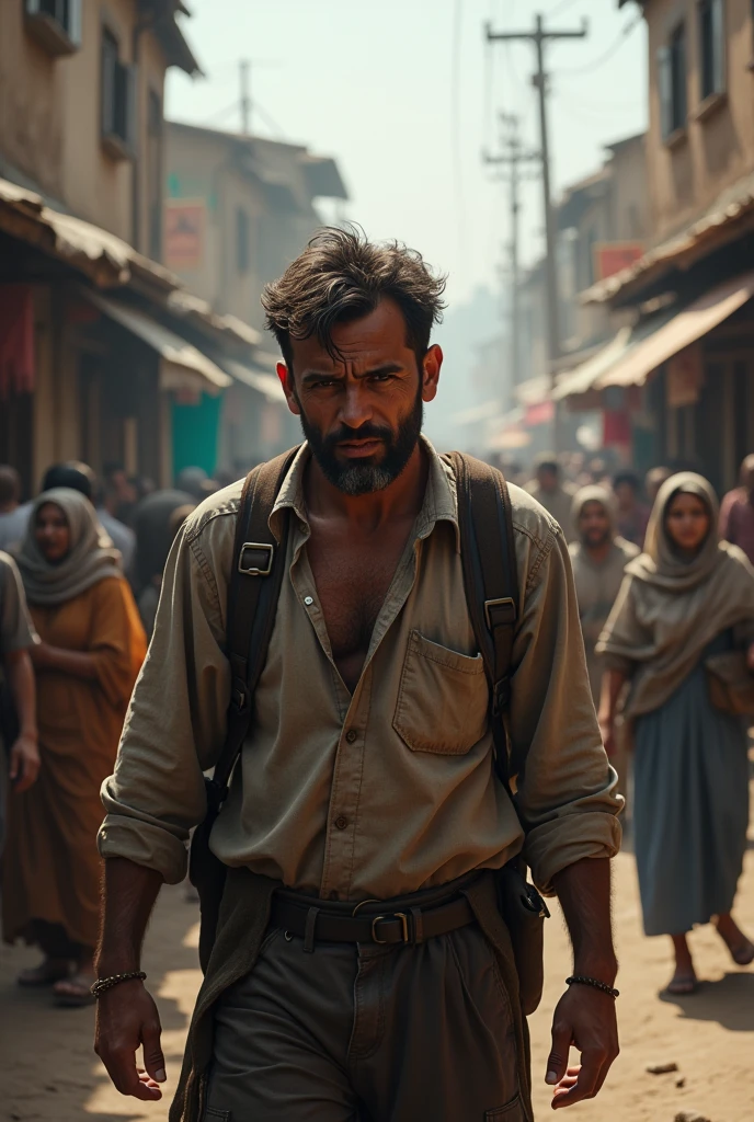 A man in his mid-30s, dressed in worn clothes, with a troubled expression, walking through a bustling village. The scene shows him surrounded by people but looking isolated and stressed.