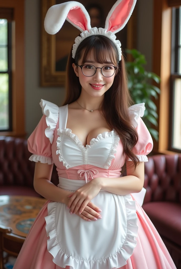 hot realistic, Highest quality, Ultra-high resolution, RAW photo, realistic, Bright lighting, face light, Smooth Professional Lighting, 1 Female, 20-year-old, Beautiful Japanese Women, Japanese idol super beauty, Realistic Skin, Realistic Skin, Real eyes and faces, Perfect plus-size model physique, Beautiful Eyes, Big eyes, Inconspicuous Tear Bags, (((Glasses))), glossy pink lips, Huge breasts:1.8, very good, Natural Makeup, beautiful fingers, Very long hair, Brown Hair, brown eyes, seems to be happy, (Both ears are covered by hair), A photo of a bunny girl wearing a maid outfit, The character is wearing a bunny girl outfit, an adaptation of the classic maid outfit., A black and white maid outfit adorned with frills and ribbons, With rabbit ears and a tail, The background is a room in a classic Western-style mansion., The overall scene has a cute and elegant atmosphere.