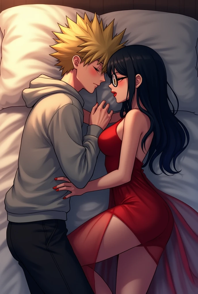 Bakugou from mha wearing a grey hoodie and a black sweatpants, and has blonde spikey hair. and a girl with very long jet black hair, with glasses, wearing a red long see through dress. laying in bed together while bakugou's face in pressed up against her neck as they sleep.