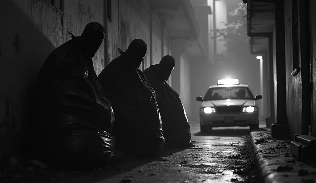 Black and white image, high quality, hyperreal, 3 ghostly shadows, creepy and very dark and malicious crouching and hiding behind 10 large black bags full of garbage, leaning against the wall of a house, at the entrance to a long, unlit alley at night, where a taxi is entering. Very scary image.