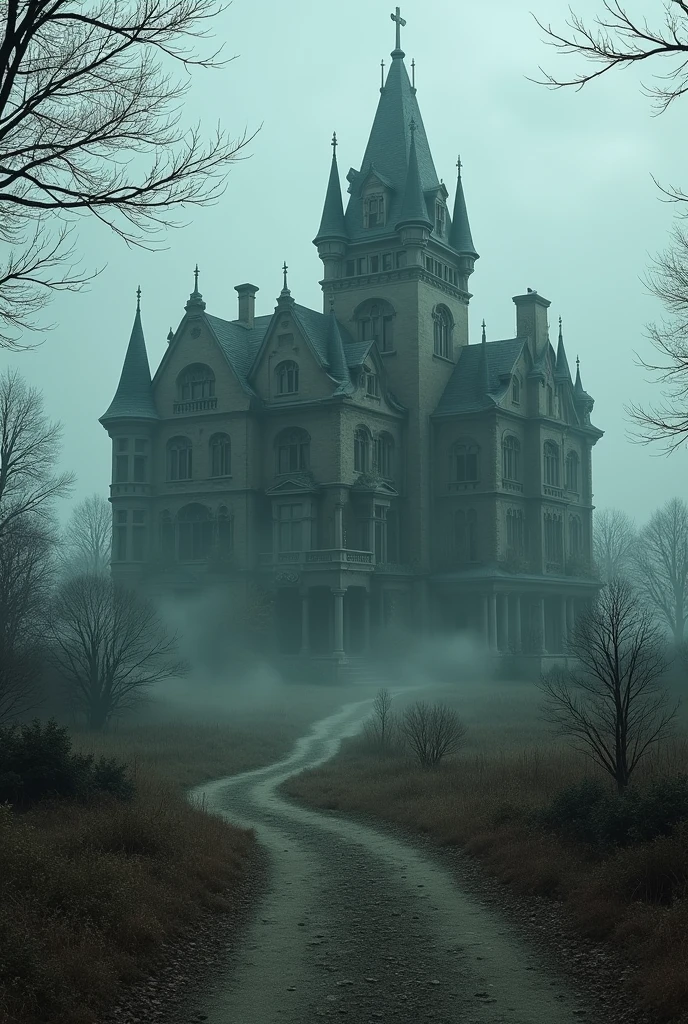 A huge, old mansion stands at the edge of the village, with crumbling walls and shattered windows, an eerie silence looming in the darkness.