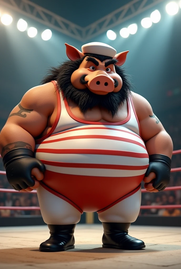 Fat Cartoon boar dressed like WWE wrestler Tugboat .

Fat Cartoon boar body. Cartoon boar head. Cartoon boar arms. Cartoon boar legs.

Long curly black mullet hair.
Black mustache. Bushy black beard.

White and red striped tank top shirt. White pants. White sailor hat. Black wrestling boots.

Standing in a wrestling ring.