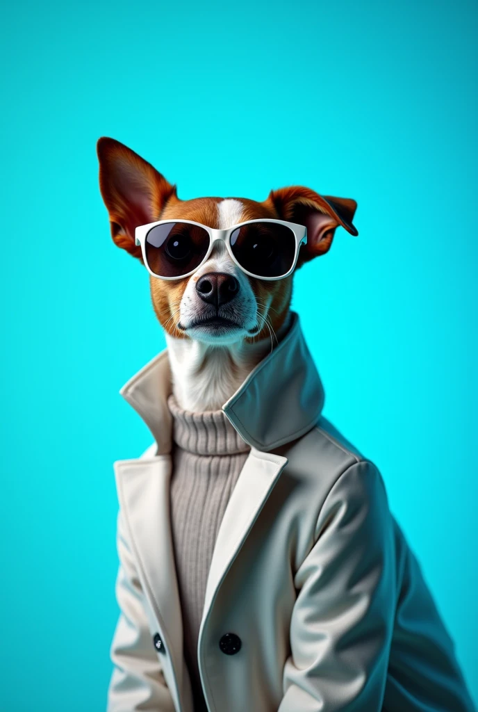 The best cell phone wallpaper, Award-Winning Wallpaper, portrait photography, In the front view is a portrait of a cute dog wearing mid-1960s space age fashion, Side view photo, Shot with Canon EOS R5, Set a strong contrast that accentuates the subject, Fluorescent blue tone, Wearing a very modern coat and sunglasses is a modern 1960s style, Clothes all in one color, beautiful background