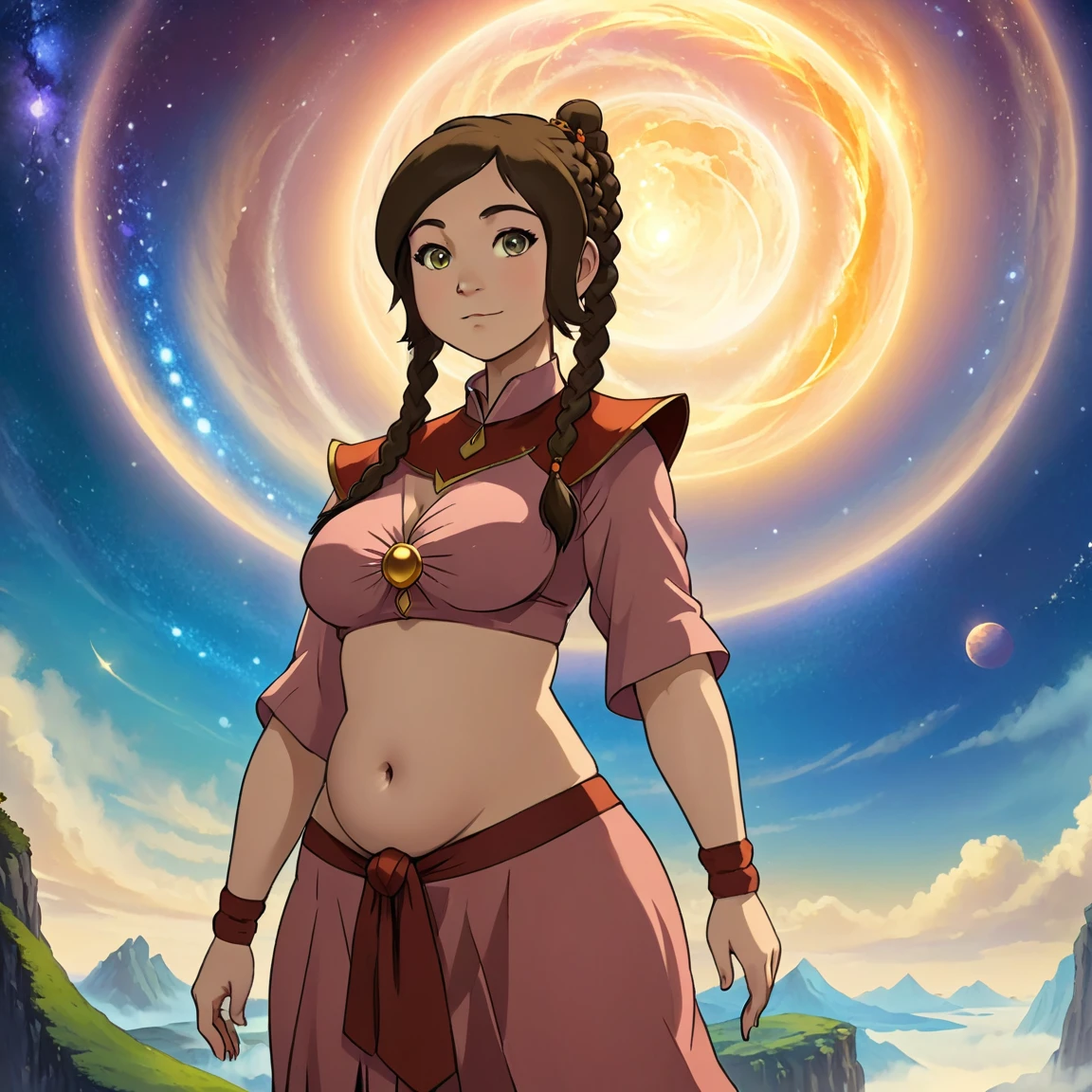 ethereal fantasy concept art of   ,looking at the viewer, stands apart, no other people, ((belly stuffed)), ((huge belly)), ((Very drunk)), ((staggers)), (tight clothes) ,tylee, 1girl,  1 braid,  2d, full body,   . magnificent, celestial, ethereal, painterly, epic, majestic, magical, fantasy art, cover art, dreamy