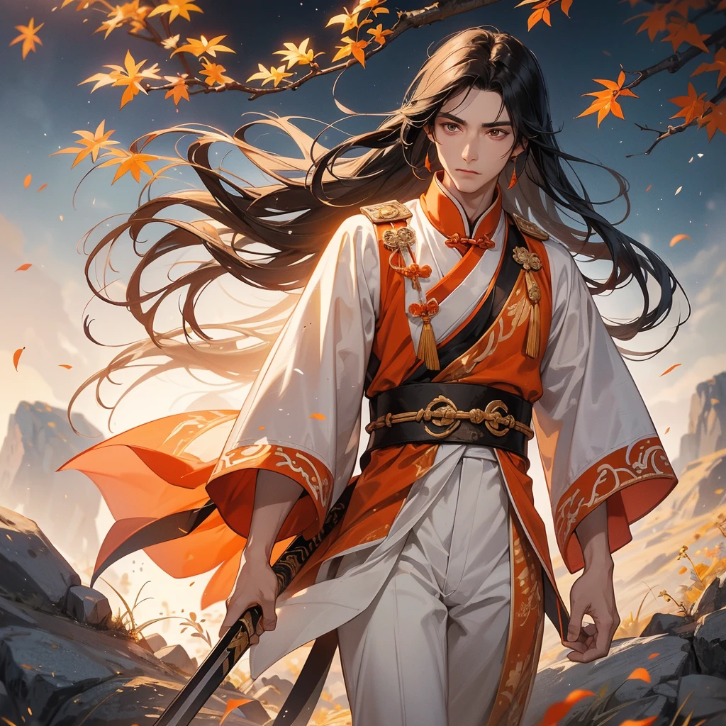a Handsome black-haired male general holding a large sword in white ancient Chinese general costume, walking In the middle of a spring mountain ,the backdrop is a mountain that turns orange-red in spring, and maple leaves fall from the trees.