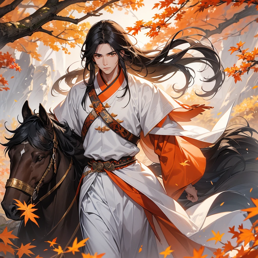 a Handsome black-haired male general holding a large sword in white ancient Chinese general costume, walking In the middle of a spring mountain ,the backdrop is a mountain that turns orange-red in spring, and maple leaves fall from the trees.