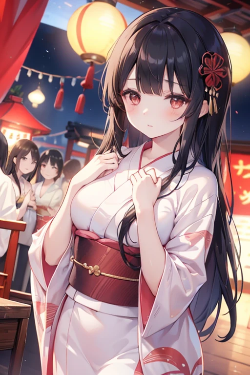 Beautiful woman、(wearing beautiful Yukata)、Medium breasts、Black hair cuticle、Long hair、Long bangs、Beautiful brown eyes、Natural lip color、Spoiled、Shy、Makes the face bright red、Summer festival、evening ,crowd