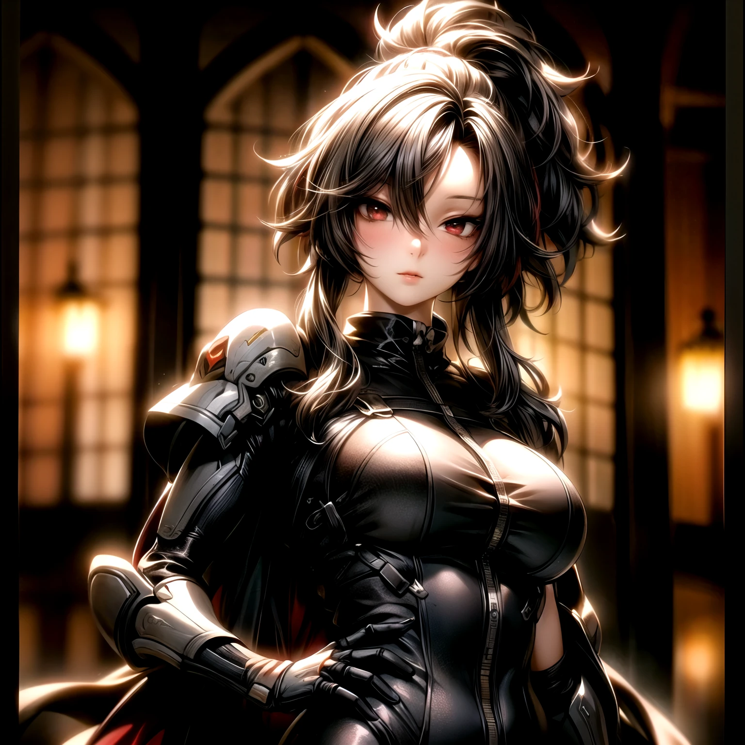 (masterpiece, best quality),  intricate details,
1girl,   ShioriNovella, split-color hair, hair ornament, crazy eyes, make-up, glowing eyes, choker, Shiori, <lora:CHAR-ShioriNovella_v1.0:0.8>
 <lora:ArmorFusion:0.6> armor, pauldrons, armored skirt, cross, skulls,