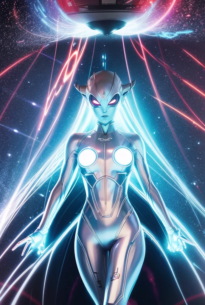 From within the vortex of light、Enter with your fist raised、A female alien with a silver body and red lines、Female Ultraman、The body is transparent