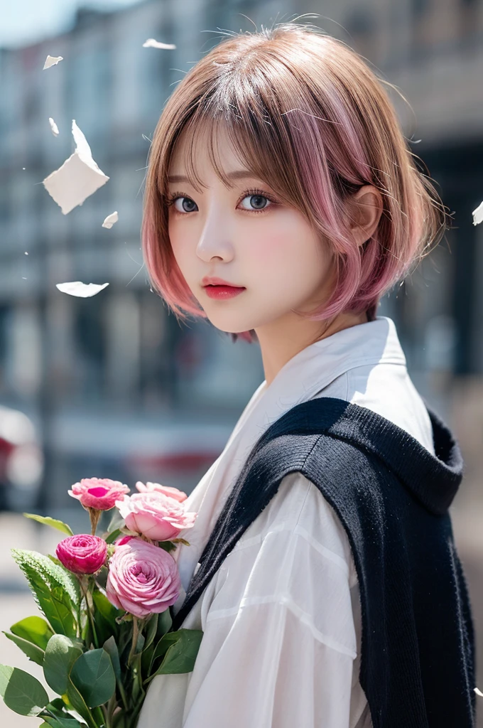 Holding a bouquet、Flying debris, Highest quality, shape, Very detailed, Finer details, High resolution, 8k,wallpaper, Perfect dynamic composition, Beautiful attention to detail, White camisole,Short Bob Hair、Pink Hair Color,Big Natural Color Lip, Bold sexy pose, Cold Stare, 20-year-old girl、Cute type、Good Eyes、Simple Background