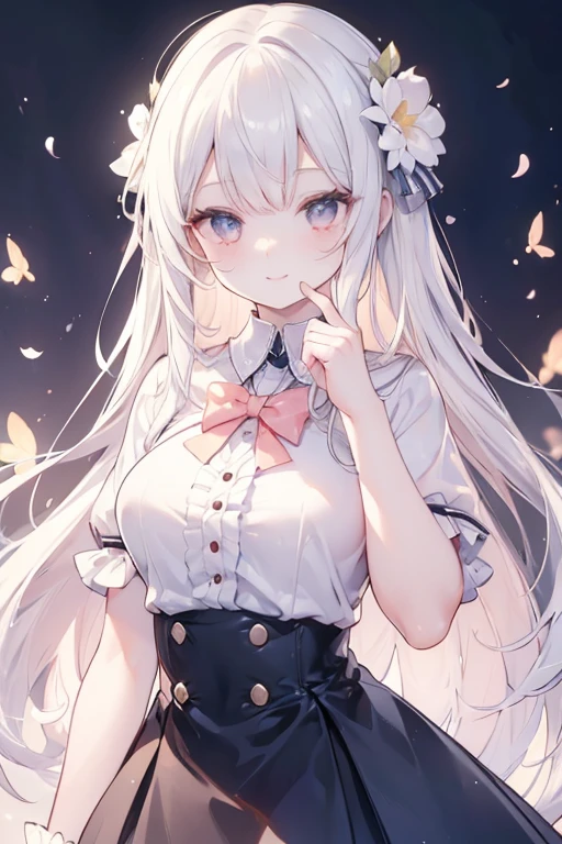 (((Masterpiece1.4))),(((high resolution))),(((best quality))),light-white hair, medium hair, light-peach eyes, OfficialOutfit, Full SchoolOutfit, high resolution, ultrasharp, 8K, masterpiece, looking at viewer, cute personality, cute face,Detailed eyes and face, insanely detailed, flowing hair, standing in flower garden, , playful and cute,no extra hands,no extra finger,cute accessories,smile,