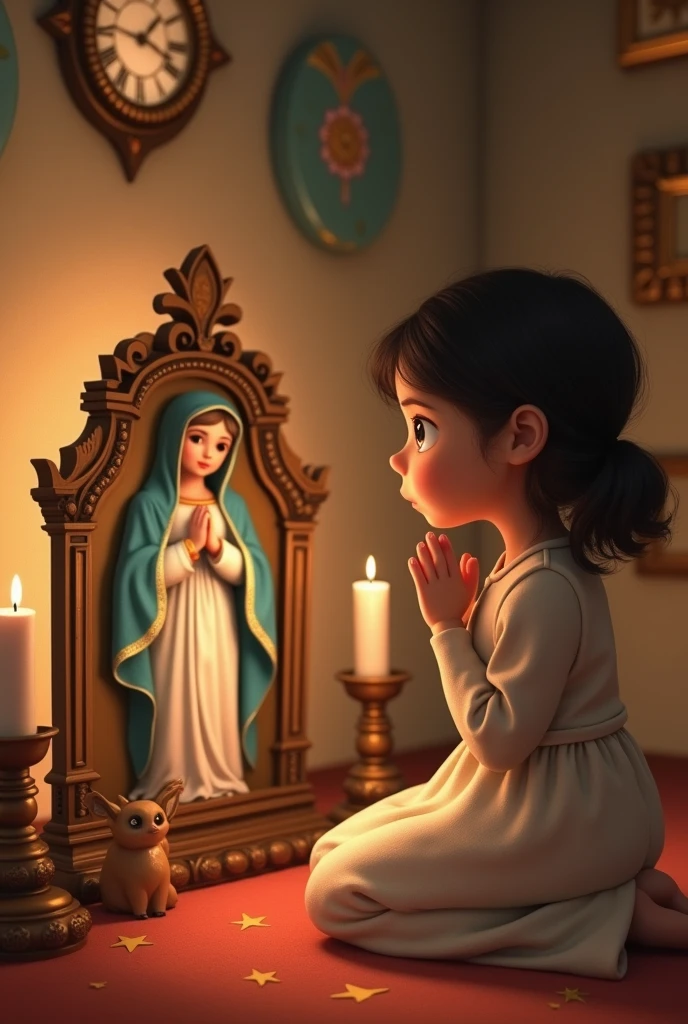 Isabel praying in front of a small image of the Virgin. Animated for children