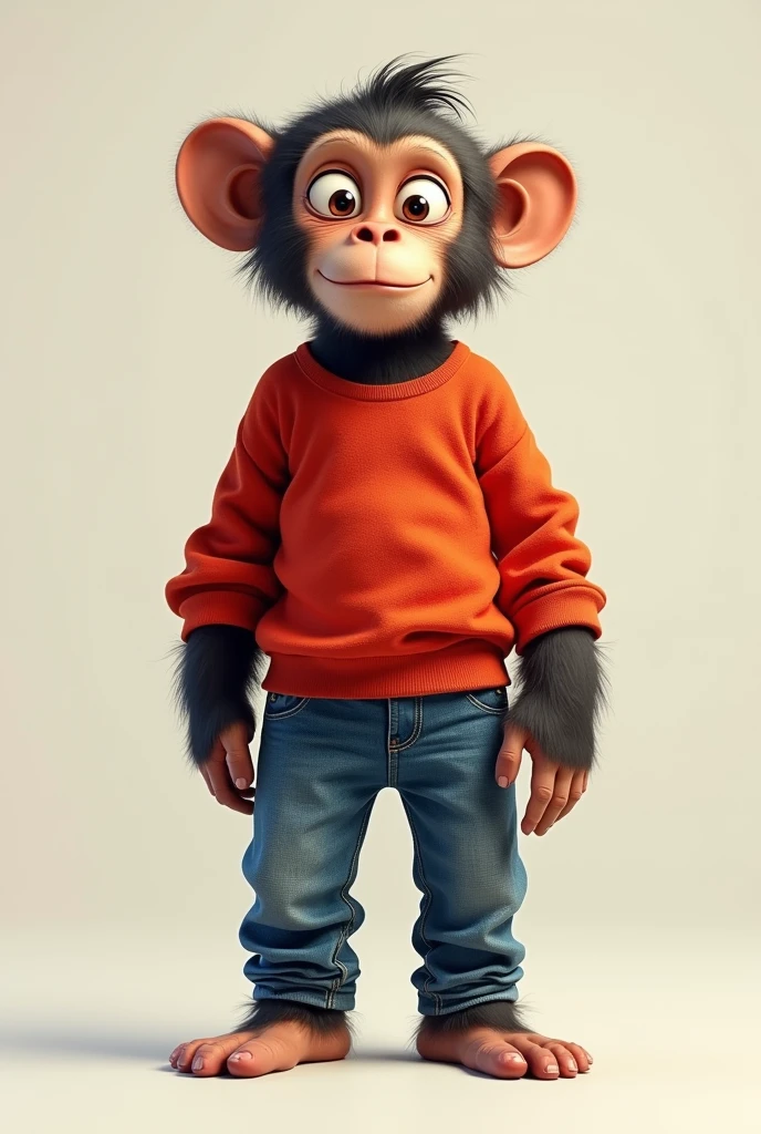 Monkey wearing a red long-sleeved shirt and jeans