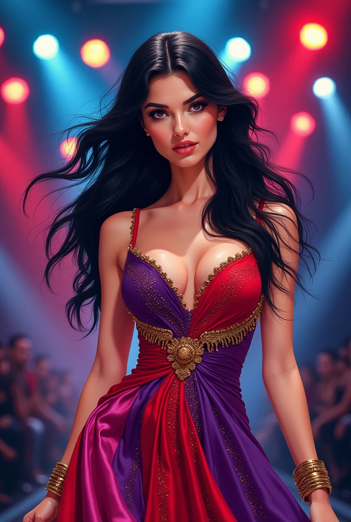 Create a modernist art style illustration in vertical format of a brunette woman with long black hair. With intense gaze and brown eyes and thick eyebrows. With a dress in red tones, violet and fuchsia. The dress should be embellished with shiny sequins. On your wrists you must have golden accessories. Modeling on a fashion catwalk, with many lights on the stage.