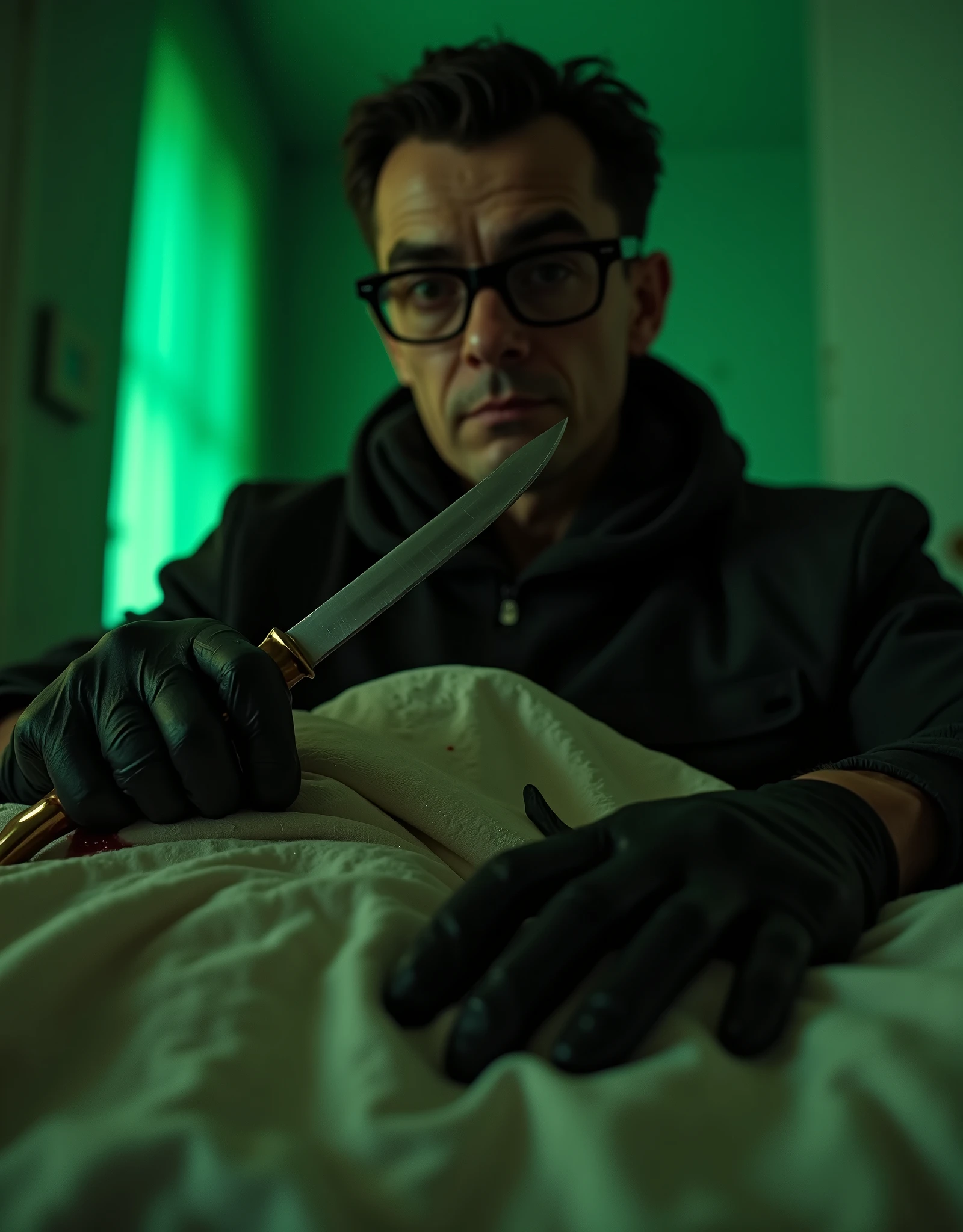 Italian crime film, horror, giallo scene, nerdy killer, man, black glasses, black gloves, butcher knife, girl tied up on bed, dirty hotel room, cinematic lighting, , Realism, Luminism, cinematic lighting, Eye-Level Shot, Ultra-Wide Angle, high details, award winning, best quality, 16k, ccurate, retina, UHD, textured skin, super detail, luric vivid colors, soft green back lighting, blood, fear, retro aesthetic, Dario Argento style, Mario Bava style, Fumetti, horror comic book aesthetic