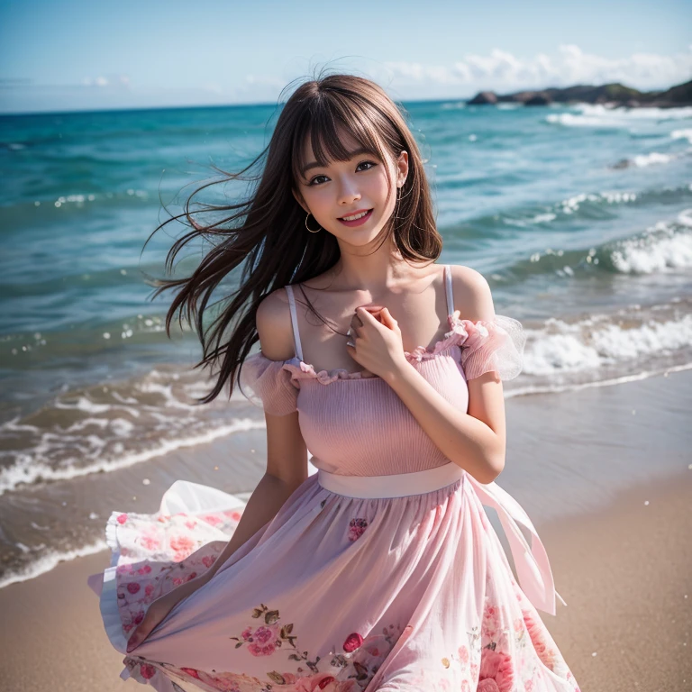 highest quality,Photorealistic,masterpiece,16k,solo,One Girl、(((infp young woman))),16 years old、Medium length lashes、(Small Tits),((Look at the viewers)),(Looking at the camera),(Black Hair Long Hairstyle)、(Straight black hair)、With bangs、Bright Face、Kind Japanese girl、Cute Smile、beautiful girl、Small cleavage、She is wearing a pink camisole dress、Summer sea、Sunset、Walking on the beach