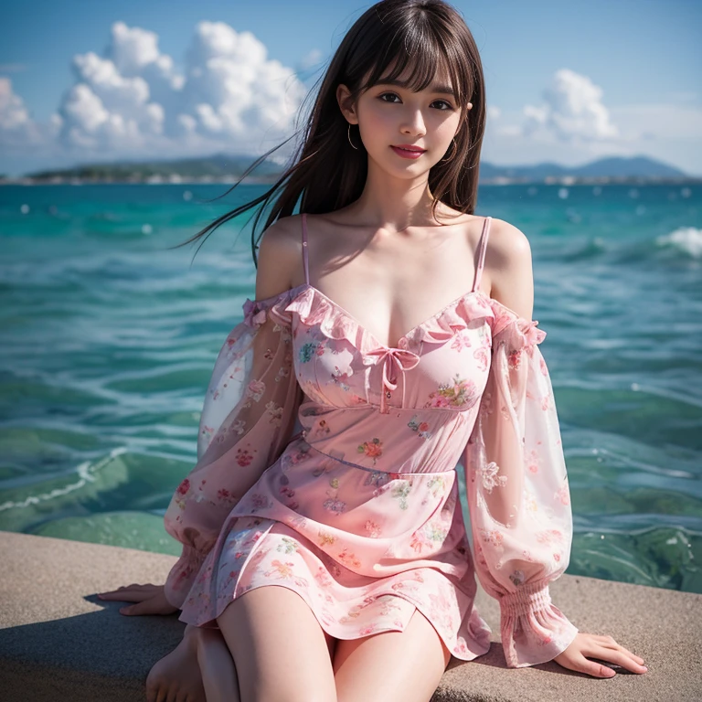 laughing out loud,on the beach,Wear a sweet dress,Dress with pink flower pattern,Floral pattern scattered throughout the dress,Puff sleeves,Princess puff sleeves,Short sleeve,One-piece hem A-line skirt,(There is a layer of transparent mesh outside the skirt), Fluffy and lightweight dress,(The dress is made of mesh), There are pink ribbon bows on both sides of the collarbone.,A-line skirt with large hem,1 female, On the face, light brown hair, blunt bangs, hair behind ears, Shoulder-length hair, long hair, Slender body type, 超face slimming型, face slimming, delicate lips, beautiful eyes, Thin blush, Eyes are light brown,View here, (actual:1.3), One person's perspective, 8k, Super detailed, high quality, best quality, High resolution,2,above knee shot,Breast protrusion,Full breasts