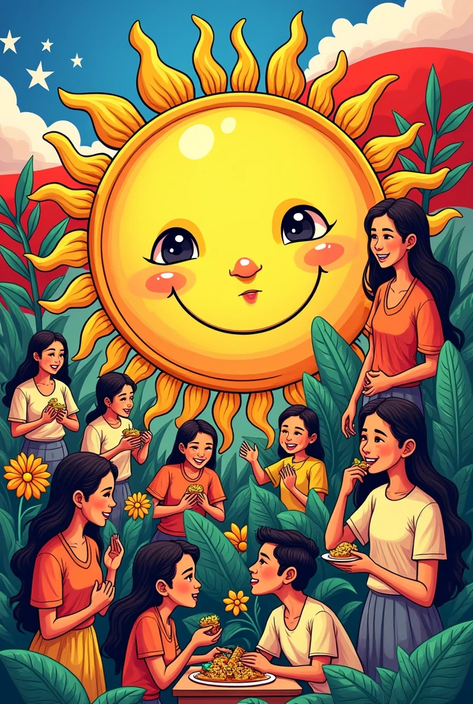 Doodle Art Filipino Values:
- add Philipines flag
- Central Image: A big, smiling sun representing warmth and joy, a core Filipino value.
- Surrounding the Sun:
- Bayanihan: People helping each other carry a large basket (like a community project).
- Pagmamano: A child respectfully holding the hand of an elder.
- Pakikisama: A group of friends laughing and sharing food.
- Utang na Loob: Someone offering a gift to someone who helped them.
- Kapwa: Two hands clasped together, symbolizing empathy and connection.