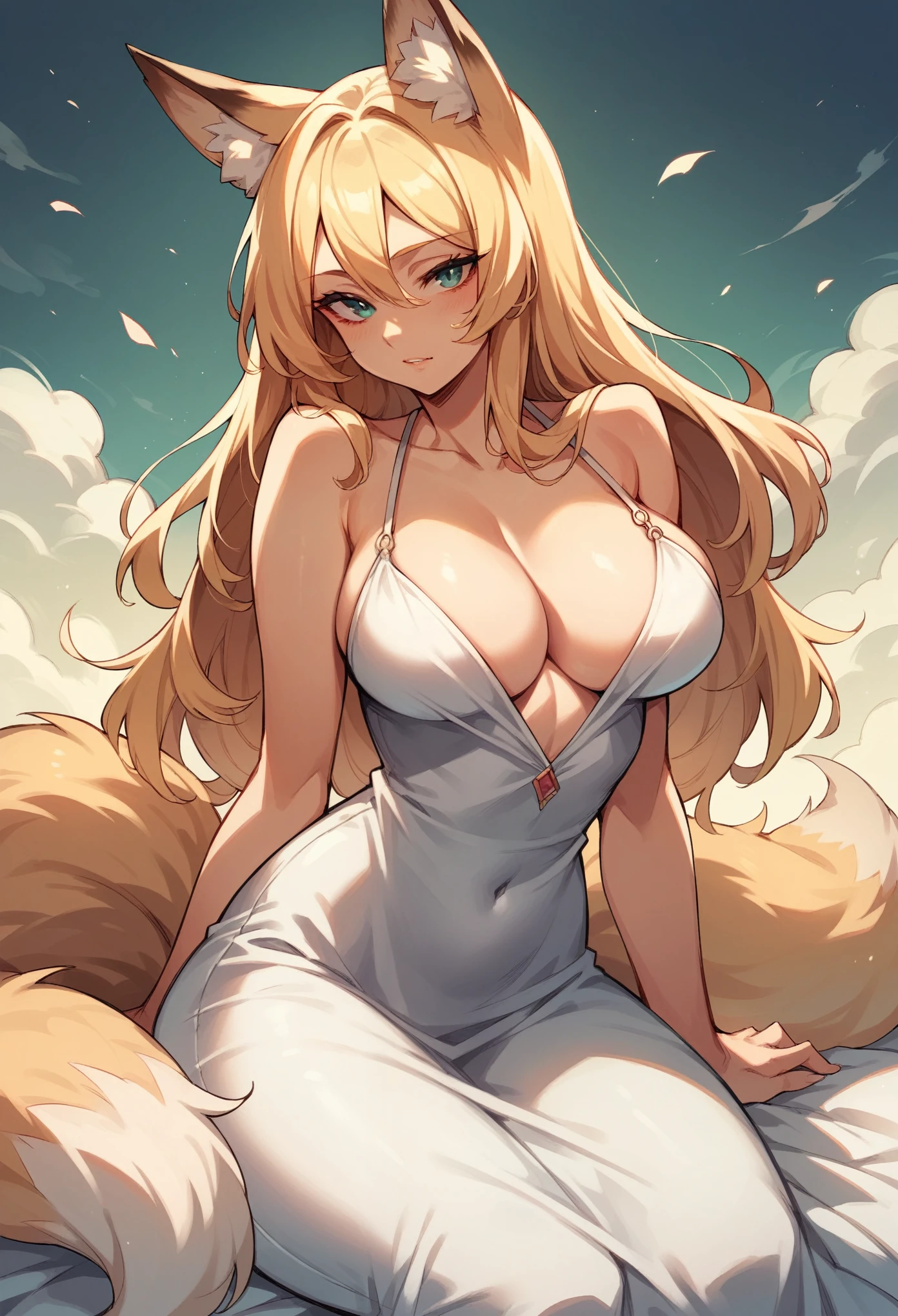 fox girl, sexy, long blonde hair, dress, cleavage, large breasts, fox tail