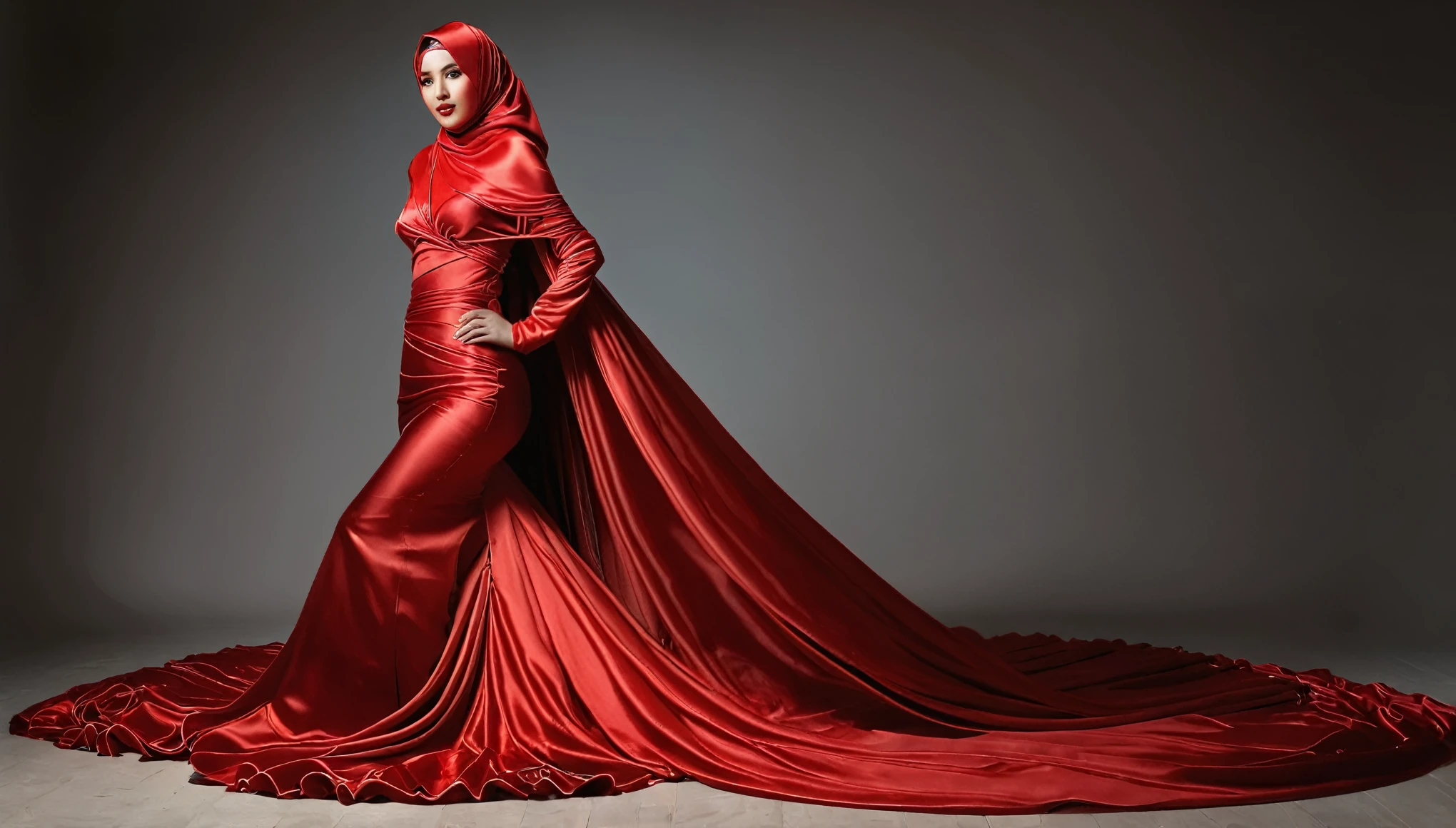 A woman shrouded in a 10-meter-long, plush red satin cloth, tightly bound and grandly draping along the form of her body, flowing off into a pooled floor-length train, styled in a mermaid-inspired outfit, her head modestly veiled in a satin hijab, tall woman, walking in photo studio, a full-body pose posing in front of people, captured in a 4k resolution, ultra-realistic