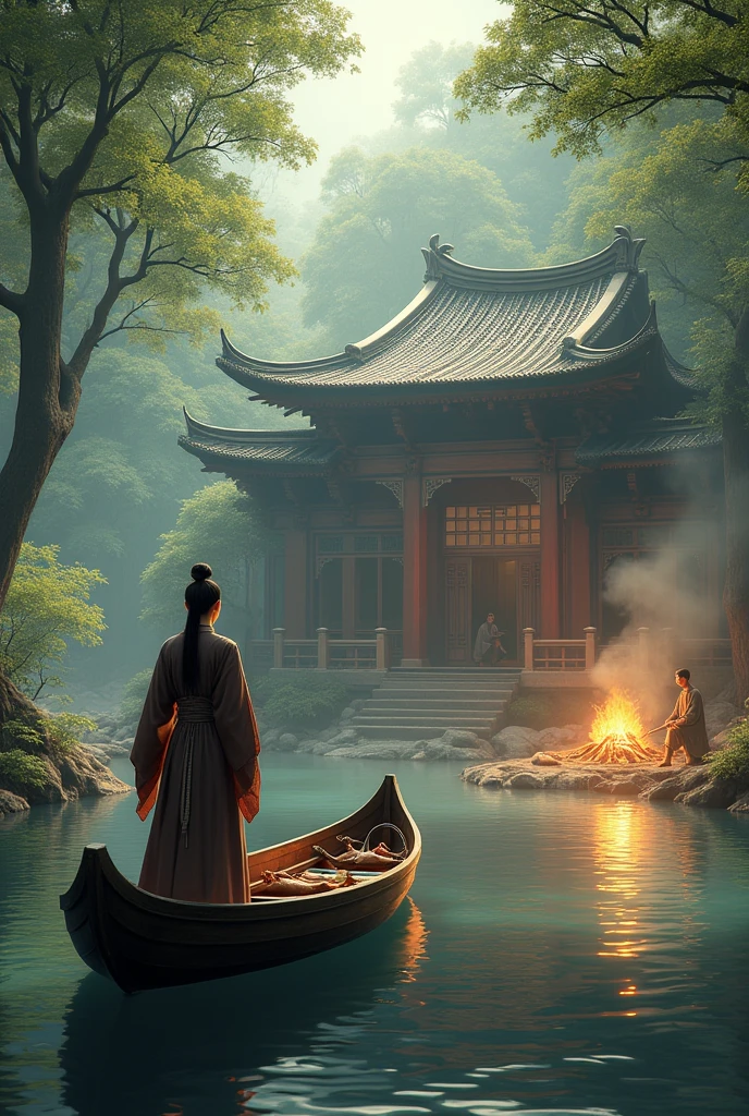 A young woman in a dark brown dress of a Han Fu Dynasty official stands on a boat sailing into the harbor in front of a large wooden house in a large forest area. A young man in a gray hunter's suit is sitting by a campfire roasting wild chickens. The atmosphere is gentle wind blowing and sunlight shines through the wooden house.