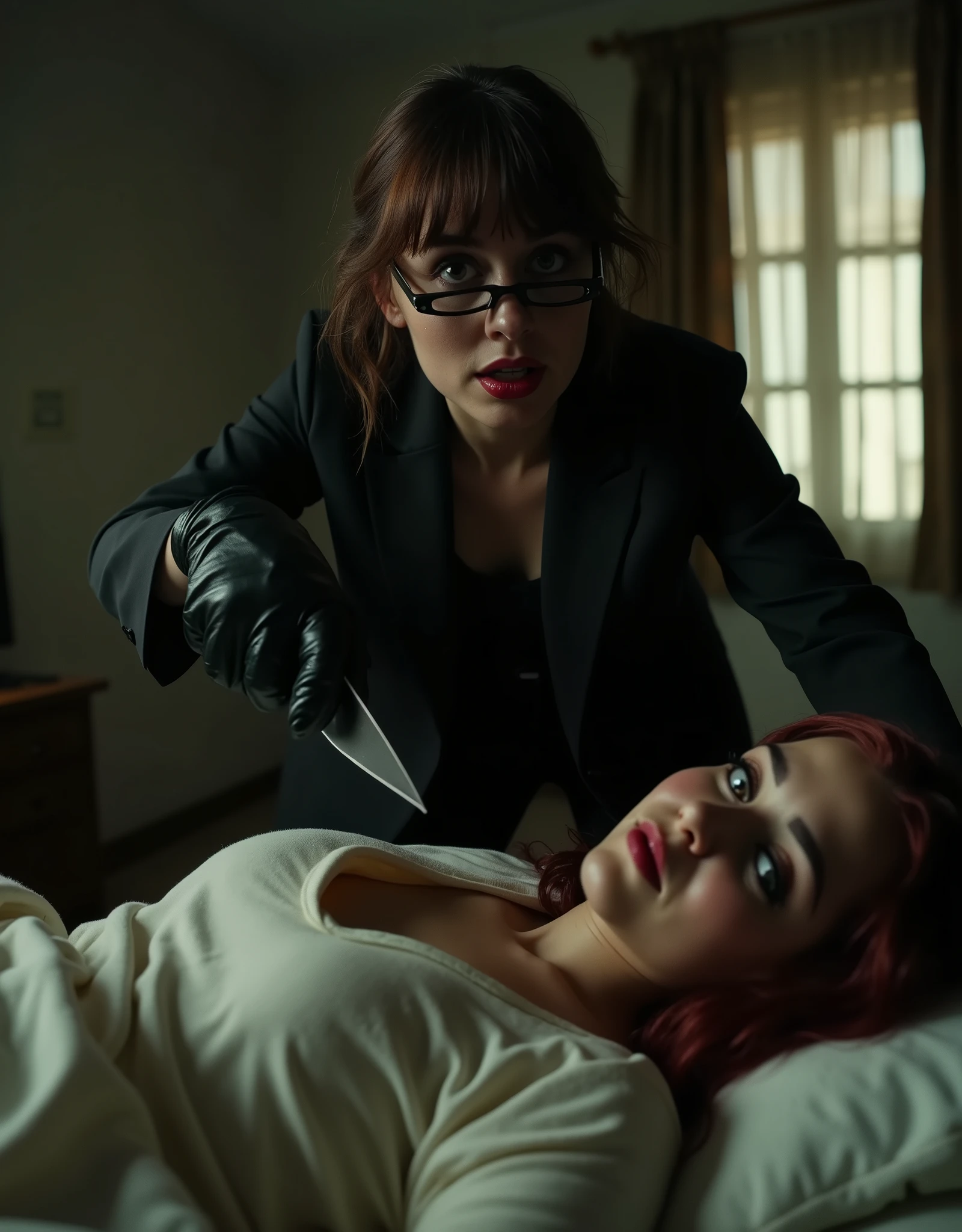 Italian crime film, horror, giallo scene, nerdy killer, black glasses, black gloves, butcher knife, girl tied up on bed, dirty hotel room, cinematic lighting, , Realism, Luminism, cinematic lighting, Eye-Level Shot, Ultra-Wide Angle, high details, award winning, best quality, 16k, ccurate, retina, UHD, textured skin, super detail