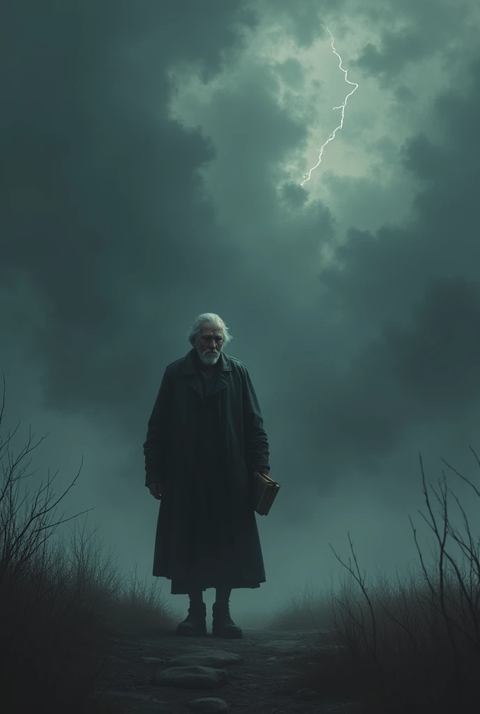 Stunned nature, dark cloudy sky,An old teacher goes back in a depressed mood. Book in hand