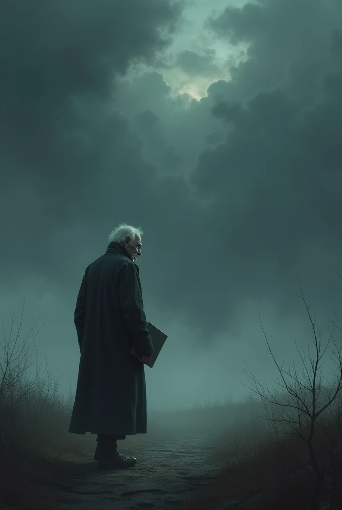 Stunned nature, dark cloudy sky,An old teacher goes back in a depressed mood. Book in hand