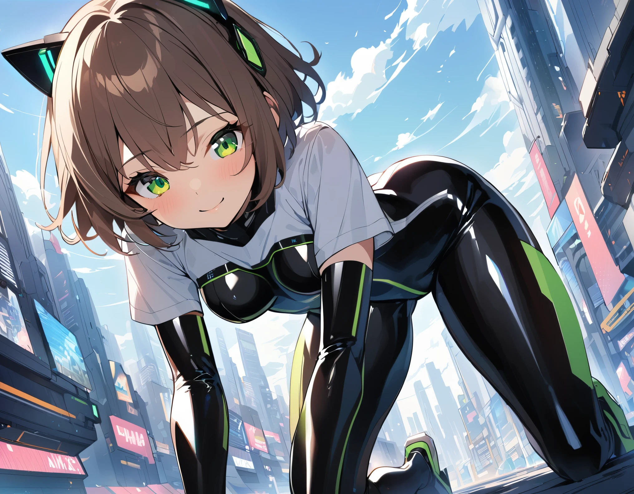 1teen_girl, kneeling with one hands on the ground  solo, short hair, brown hair, short sleeves, (latex_bodysuit), robot ears, green eyes, short sleeves, short over long sleeves, bare_thighs,smile, in futuristic city, , high quality, medium_breasts,crotch, slouch,groin,dynamic_angle,open_legs,