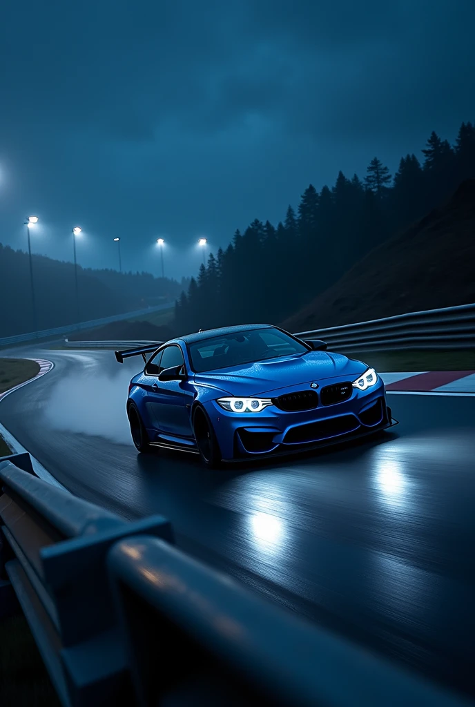 Blue BMW M3 on race track at night