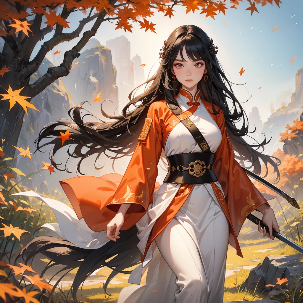 a beautiful woman black-haired male general holding a large sword in white ancient Chinese general costume, walking In the middle of a spring mountain ,the backdrop is a mountain that turns orange-red in spring, and maple leaves fall from the trees.