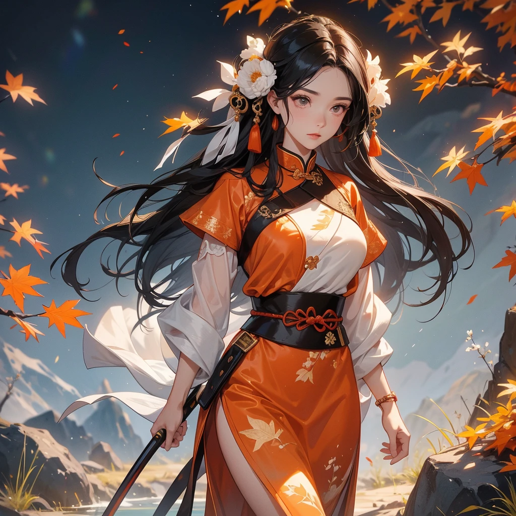 a beautiful woman black-haired male general holding a large sword in white ancient Chinese general costume, walking In the middle of a spring mountain ,the backdrop is a mountain that turns orange-red in spring, and maple leaves fall from the trees.