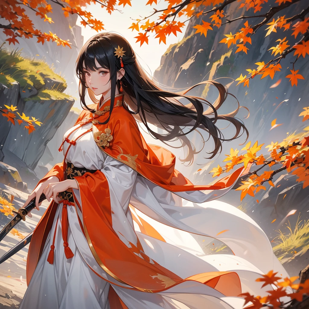 a beautiful woman black-haired male general holding a large sword in white ancient Chinese general costume, walking In the middle of a spring mountain ,the backdrop is a mountain that turns orange-red in spring, and maple leaves fall from the trees.