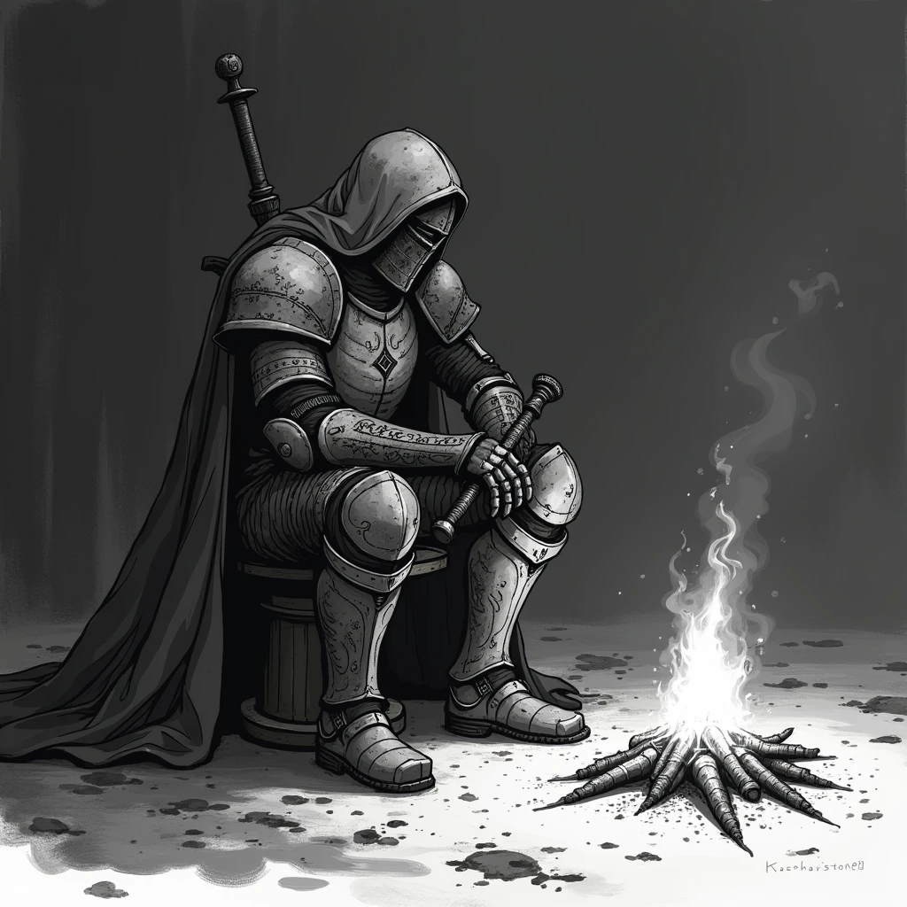 A striking black and white minimalist illustration of a Dark Souls knight sitting wearily by a dimly burning bonfire. The knight's armor and weapons are adorned with intricate details, creating a stark contrast with the simple, monochromatic background. The knight's face is obscured by a helmet, while a sense of fatigue and resilience emanates from their posture.