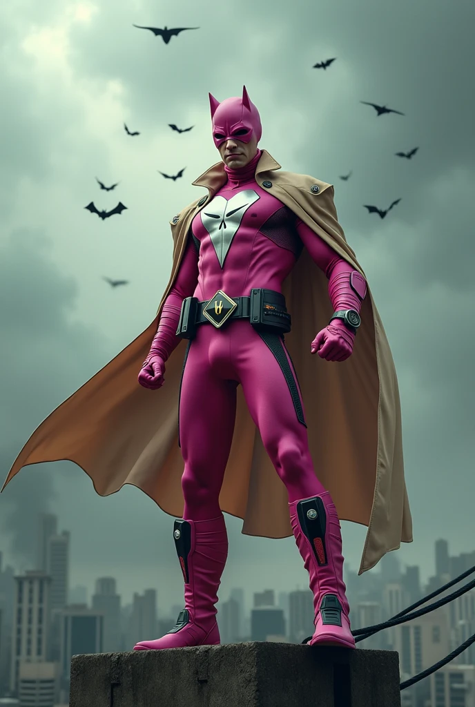 Malaysia man in high-tech suit, vivid effects, malaysian superhero (KELUANG MAN) in a striking pink and beige costume cyberpunk design, mask small mini bat ear beige, daredevil beige mask, jumpsuit dark pink stands confidently in a dramatic.jumping from high place.hero costume.one hand rise up. Big triangle logo on the chest((open cape, beige cape)).high detail Punisher logo on the chest. Fighting pose , stormy landscape. ((Head covered node guard like batman. Running pose , athletic body type, small mini ear bat mask))The character wears domino mask a helmet with pointed mini torn ears and a flowing cape biege, open nose and mouth. Equipped with visible futuristic weapons on a belt,bullet proof jacket pink dark day.show fingers pose, dark night, big supermoon effect . Small logo on chest triangle shape small punisher logo center(( skull triangle Casey Jones mask shape logo)) center on chest pink logo mini logo . rocky. Building top.smoke ground , hand fired with gun , bomb effect background, losse pants, losses costume.adding to --ar 3:4 --style raw --stylize 500 --v 6.1. chaos. Lot of small flying bat. One leg on the high stone. Man. Wear hologram watch.. Real man age 40 year old. One hand holding belt.one hand holding black rope hanging on building. Big pant pink. Beige cape joodie.(( Loose pant)) , jump on high building)marvel , X-Men((. Hand holding two gun.)