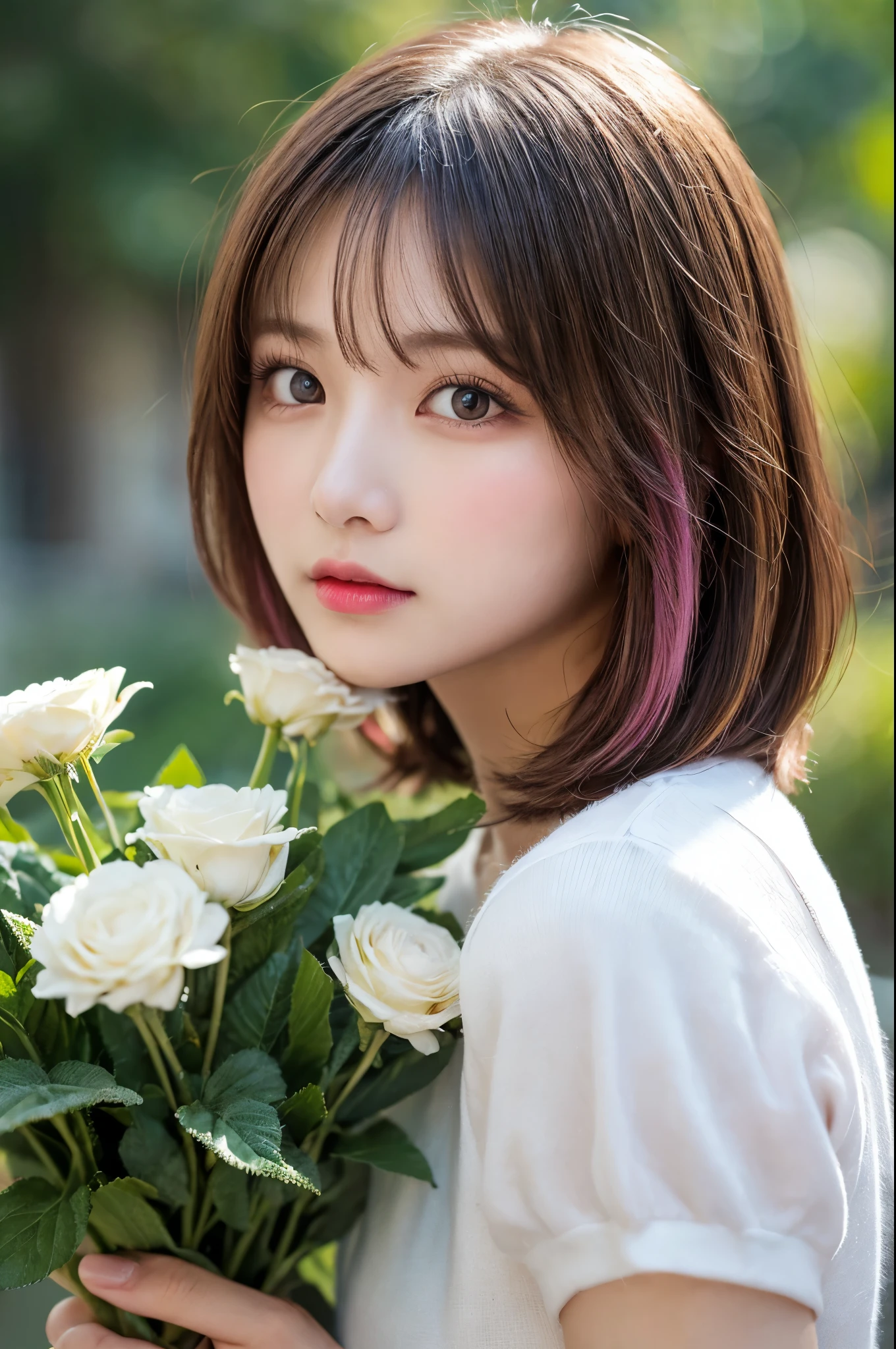 Holding a bouquet、Flying debris, Highest quality, shape, Very detailed, Finer details, High resolution, 8k,wallpaper, Perfect dynamic composition, Beautiful attention to detail, White camisole,Short Bob Hair、Pink Hair Color,Big Natural Color Lip, Bold sexy pose, Cold Stare, 20-year-old girl、Cute type、Good Eyes、Simple Background