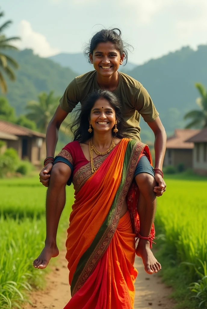 Smiling, Beautiful indian village young aunty in saree carrying a large man over her head in a farm, full view 
