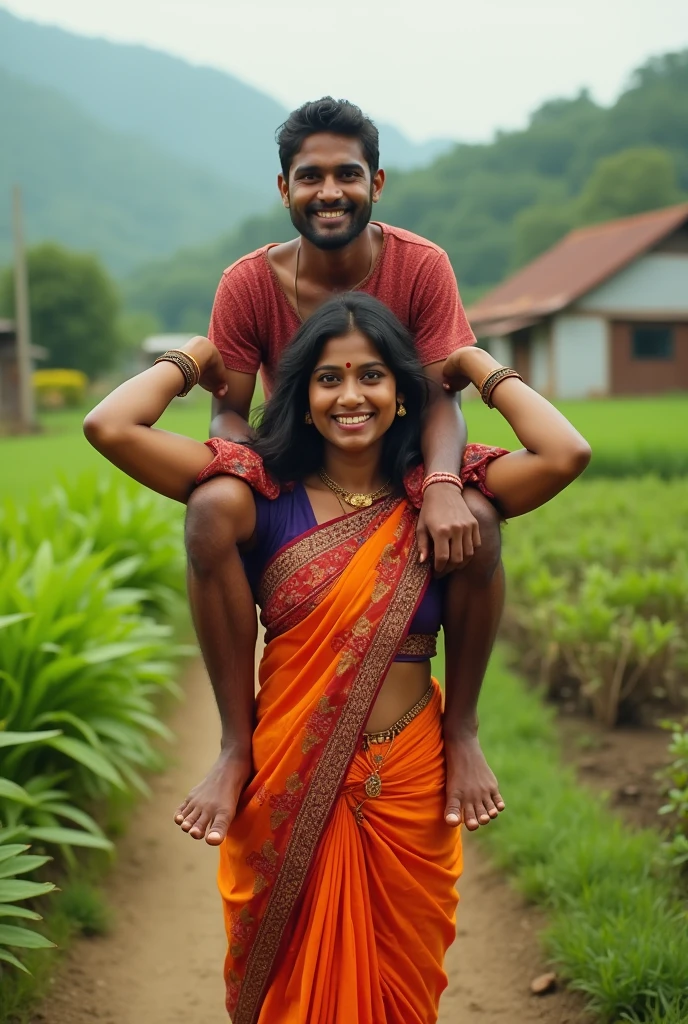 Smiling, Beautiful indian village young aunty in saree carrying a large man over her head in a farm, full view