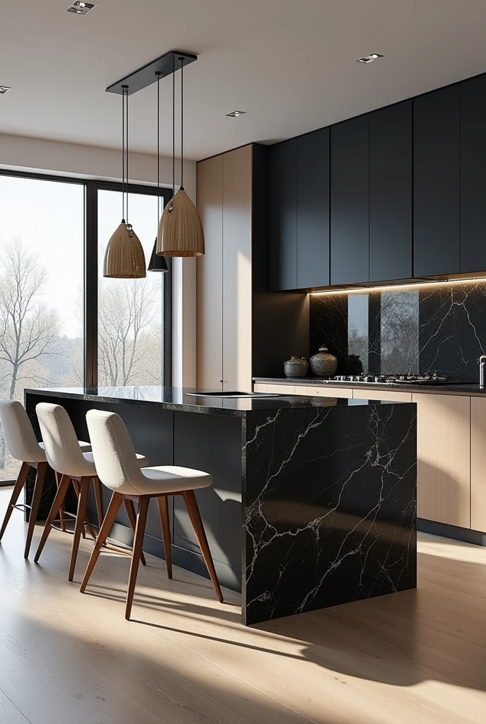 Professional 3d architecture rendering design of modern kitchen with   So dark blue vintage and dark beige  and dark gray  cabinets and  modern  so light  gray design chairs  shiny  black   marble island island and modern windows and complete showing kitchen and showing complete kitchen and modern windows and showing complete kitchen 