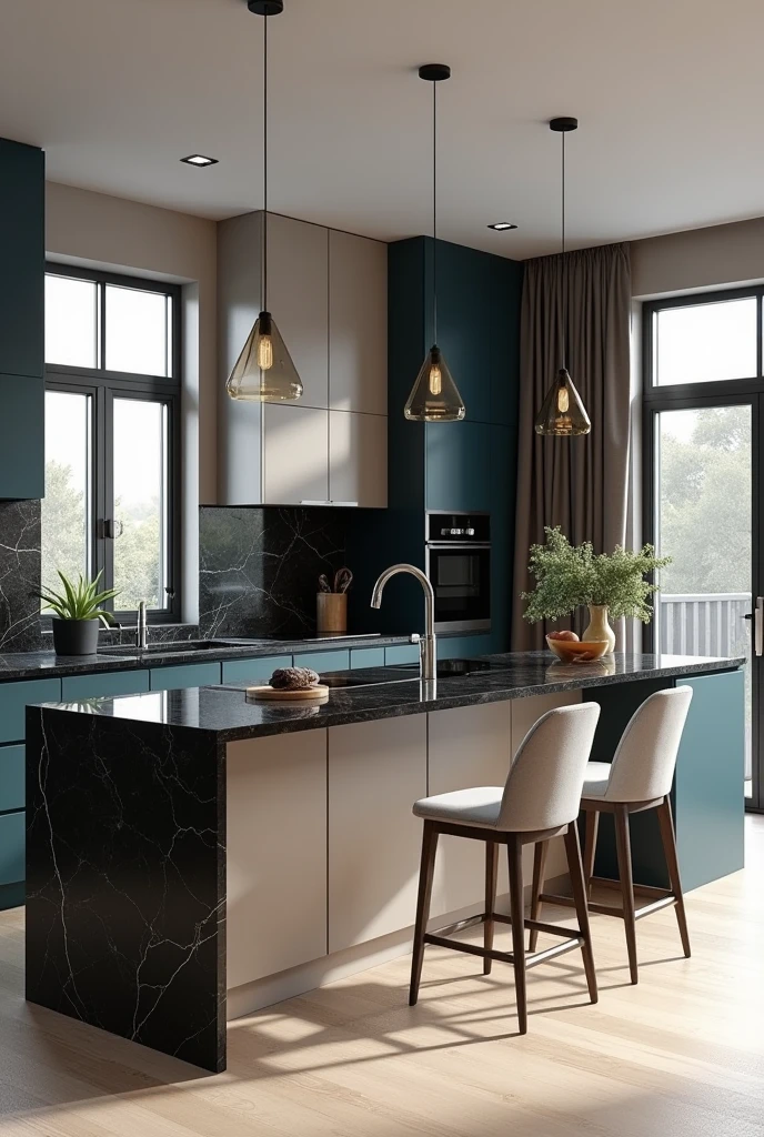 Professional 3d architecture rendering design of modern kitchen with   So dark blue vintage and dark beige  and dark gray  cabinets and  modern  so light  gray design chairs  shiny  black   marble island island and modern windows and complete showing kitchen and showing complete kitchen and modern windows and showing complete kitchen 