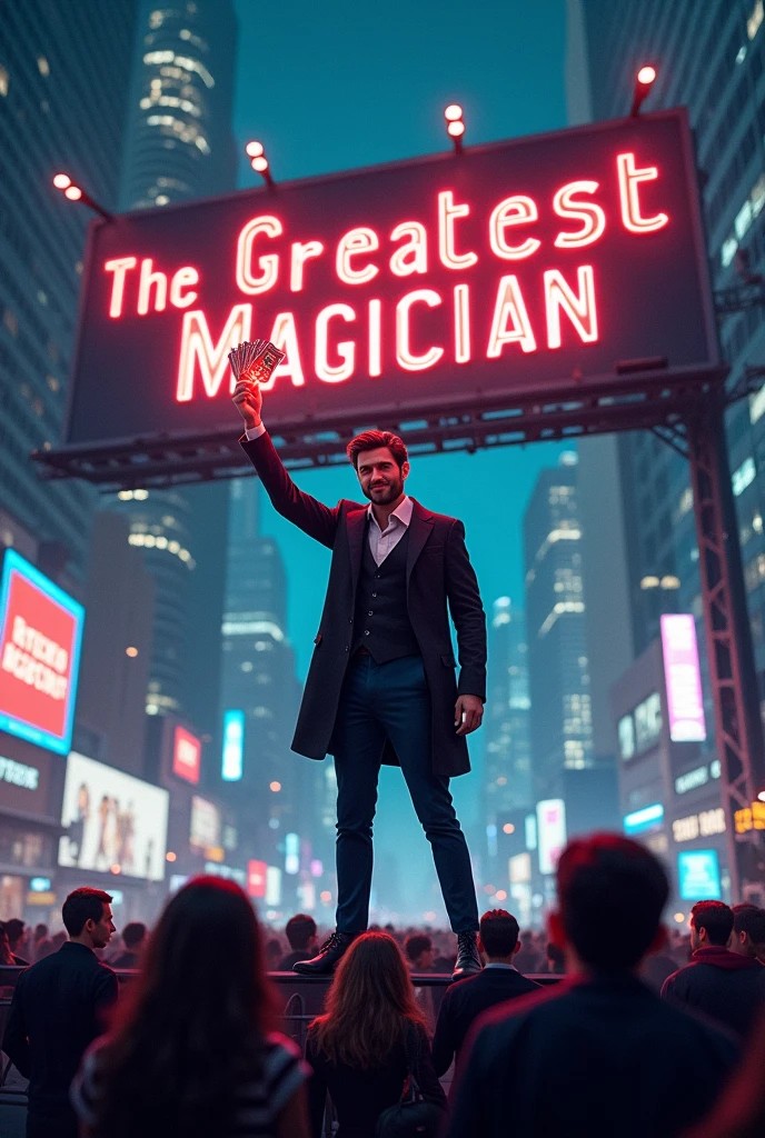 Scene 3: Max's Rise to FamePrompt: "A bustling cityscape at night, with towering skyscrapers adorned with bright neon lights. Max is on a massive billboard, holding the glowing deck of cards, with the words 'The Greatest Magician' in bold letters. Crowds gather below, pointing and taking pictures, while Max stands confidently, a sly smile on his face."."