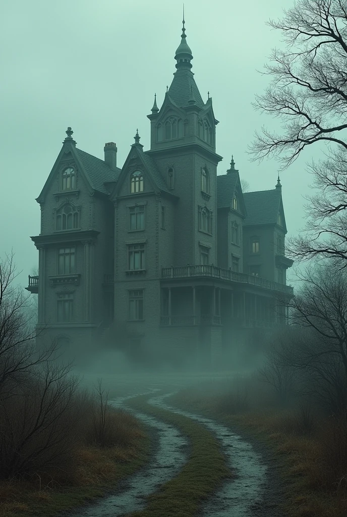 A huge, old mansion stands at the edge of the village, with crumbling walls and shattered windows, an eerie silence looming in the darkness.